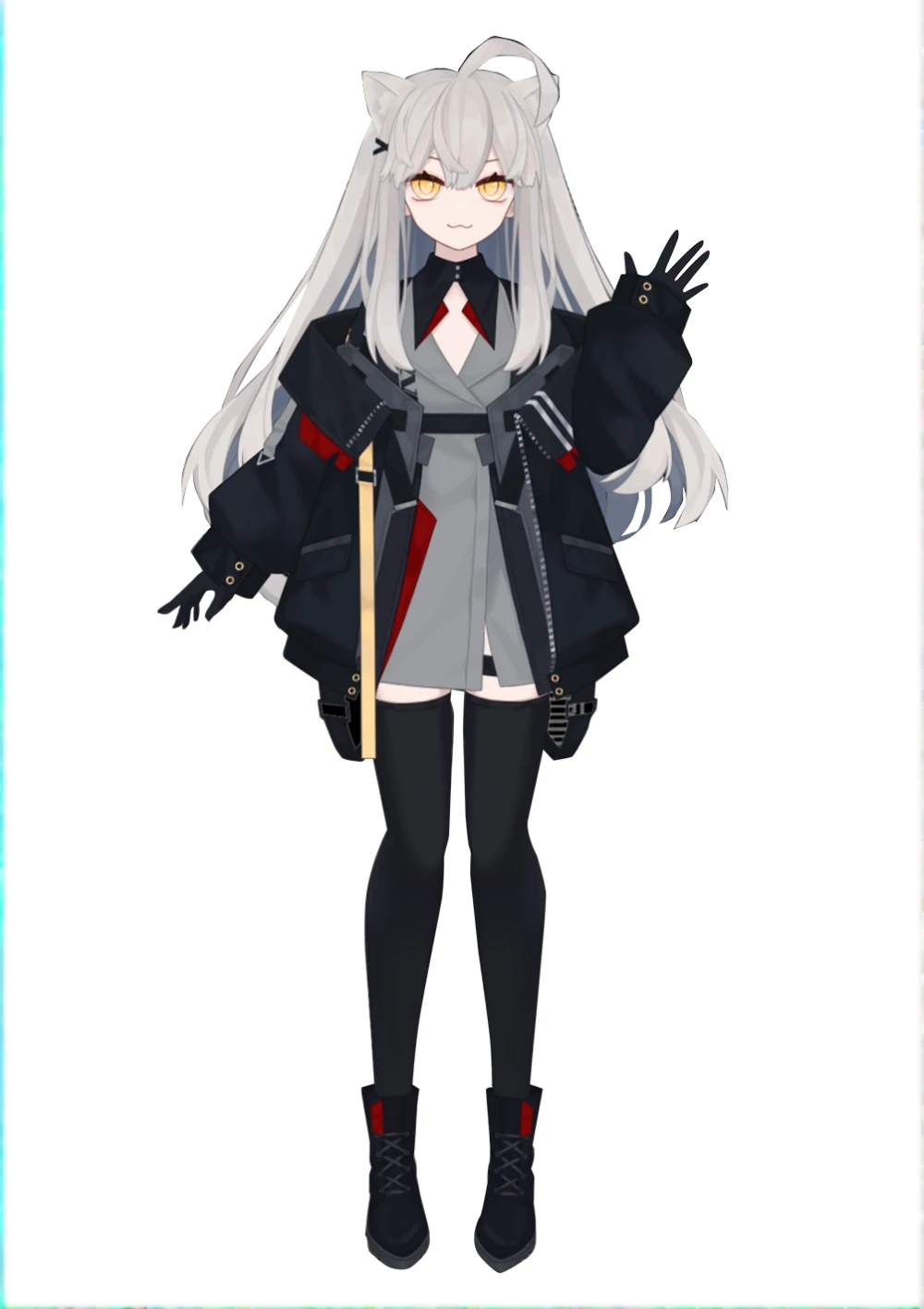 (masterpiece, best quality:1.2), 1girl, 独奏,Black military uniform, long grey hair、Ahoge、Yellow Eyes、Grey trench coat、Gray cat ears、battle、Gray trench coat、Black knee socks、Cleavage、Black collar,