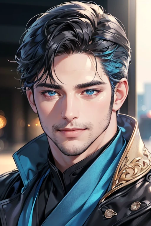 a handsome 35 year old man, 3 day beard, dark hair, sharp jawline, (mesmerizing blue eyes), perfectly styled hair, wearing cool anime outfitt, dynamic lighting, (CEO), (expression, smile in love), (best quality,4k,8k,highres,masterpiece:1.2),ultra-detailed,(realistic,photorealistic,photo-realistic:1.37)