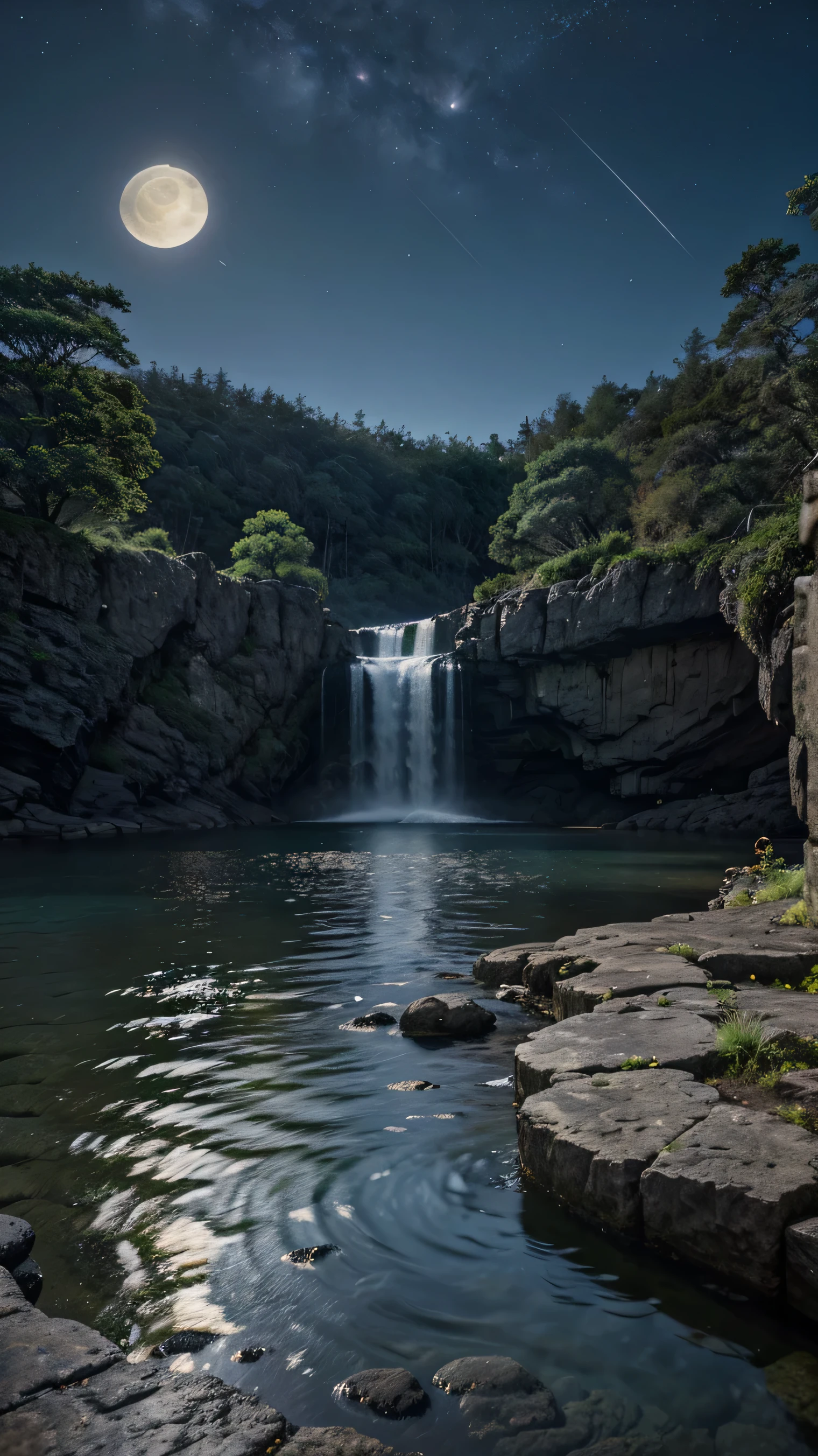 Aké, arch, corner, rockerie, wood, water flowing, landscape, Outdoor, waterfall, Pasture, rock, stream, moon, Night Sky, Night view, hot spring, vapor, Great composition, darkness, moonlight, High-resolution details, masterpiece, Highest quality, (High-definition CG integrated 8K wallpaper), (Highest quality)