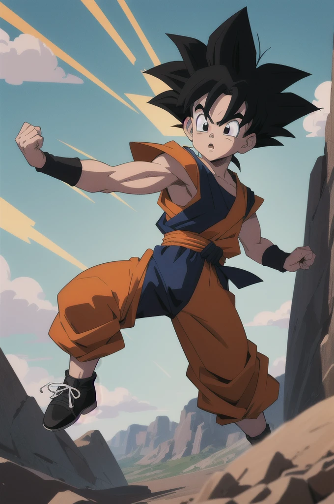 Manga style, illustration, line art style, high quality, manga masterpiece, highres, very detailed, digital illustration, small ??? Goku, Dragonball, black hair, spiked hair, real goku clothes orange color, black belt and black shoes, dougi, solo male , outdoors,fighting,