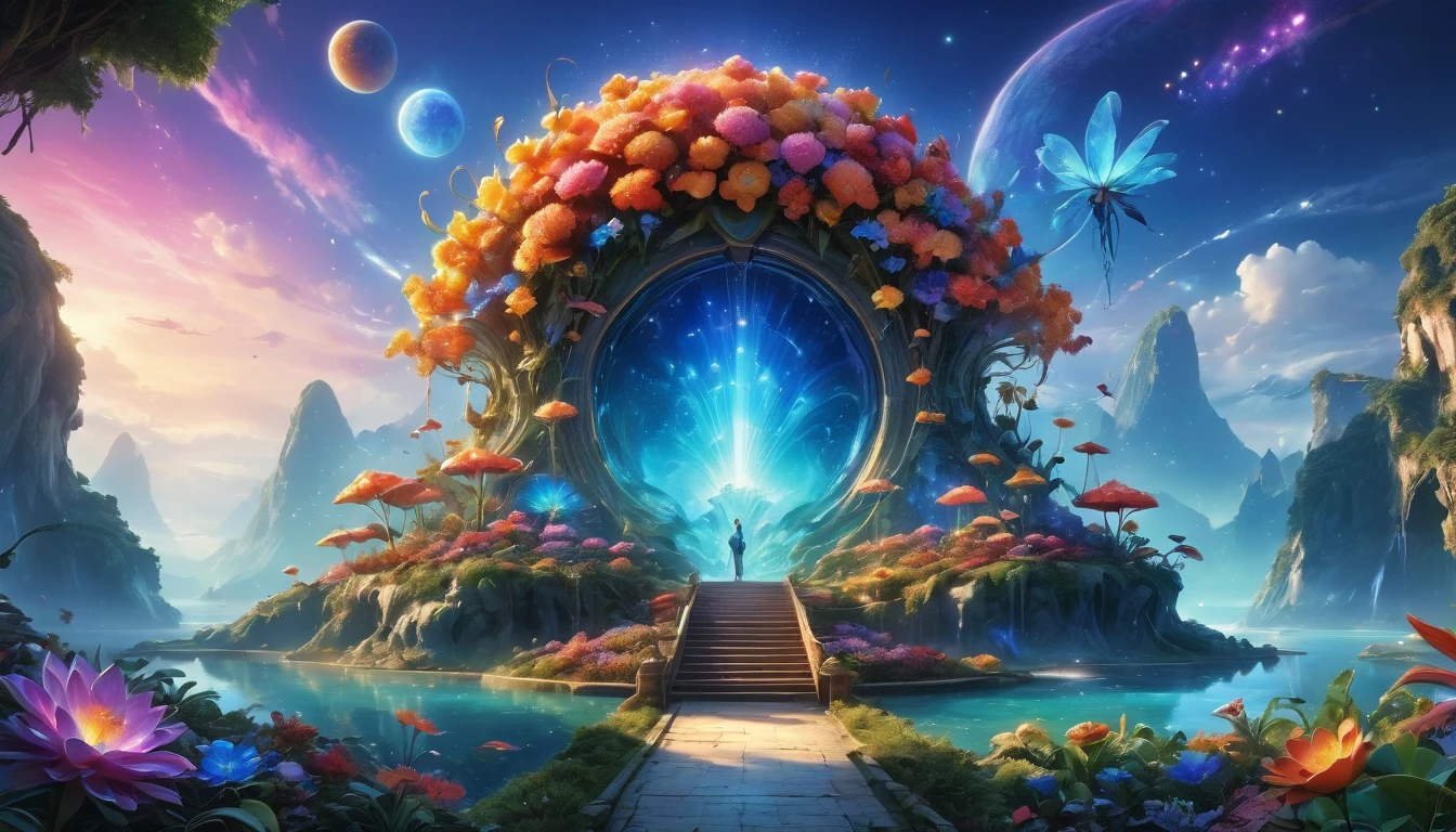 Surreal and exotic landscapes,Beautiful everywhere、Vibrant、colorful。The screen shows々Strange alien flowers of all shapes and sizes are projected.,A wide variety of tasty alien fruits。Best image quality,Resolution is 4K or 8K,Capture every detail perfectly。The pictures are very detailed,Presented in a realistic way,Delivering a truly immersive experience。This work combines illustration techniques with 3D rendering.,Visually stunning、A work of excellent craftsmanship。Bright colors,Enhance the surreal atmosphere of the landscape。The lighting design is very detailed,Showing complex changes in light and shadow,Add layers and depth to your scenes。This work arouses curiosity and awe in the viewer.。,Transporting the audience to a magical and surreal world,Where natural beauty takes on a whole new meaning。