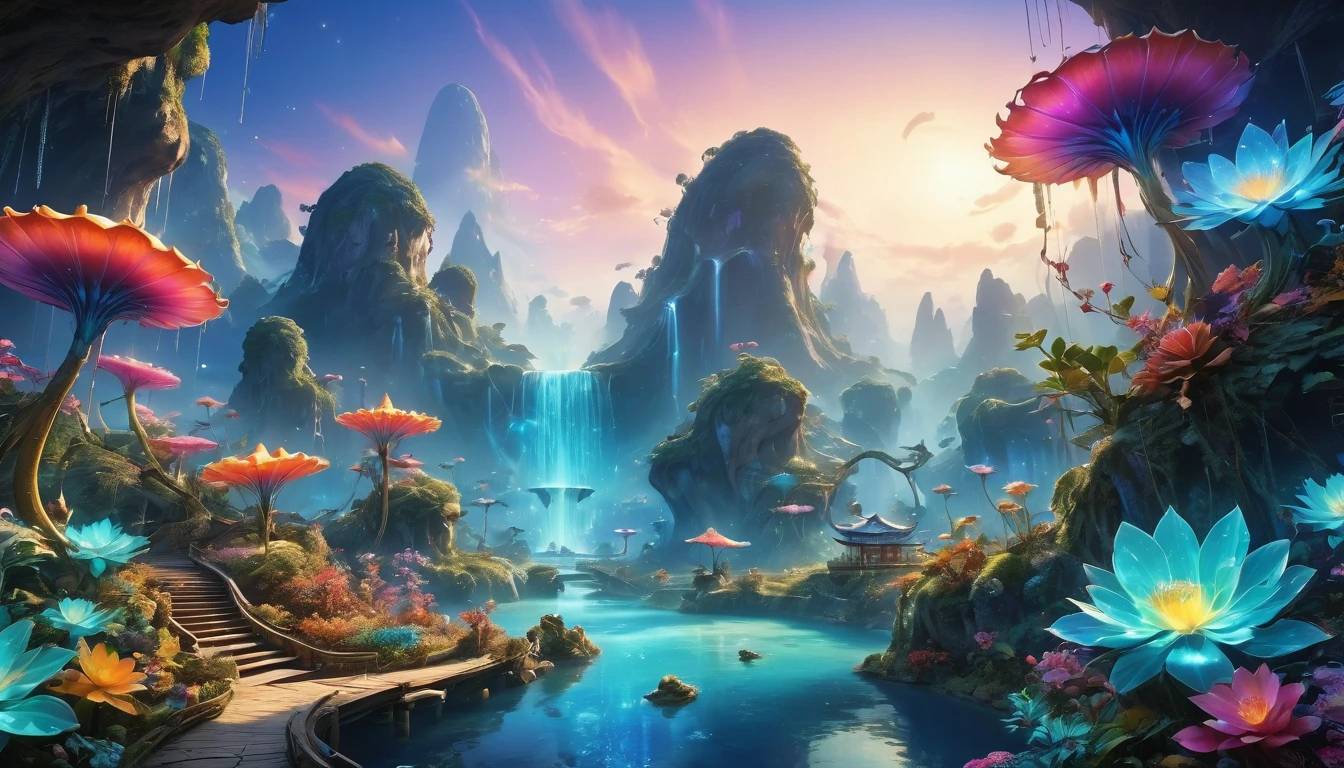 Surreal and exotic landscapes，Beautiful everywhere、Vibrant、colorful。The screen shows々Strange alien flowers of all shapes and sizes are projected.，A wide variety of tasty alien fruits。Best image quality，Resolution is 4K or 8K，Capture every detail perfectly。The pictures are very detailed，Presented in a realistic way，Delivering a truly immersive experience。This work combines illustration techniques with 3D rendering.，Visually stunning、A work of excellent craftsmanship。Bright colors，Enhance the surreal atmosphere of the landscape。The lighting design is very detailed，Showing complex changes in light and shadow，Add layers and depth to your scenes。This work arouses curiosity and awe in the viewer.。，Transporting the audience to a magical and surreal world，Where natural beauty takes on a whole new meaning。