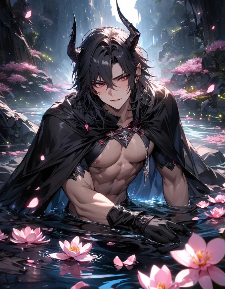 Ultra detailed, highres, absurdres, HDR, master piece, Krozseria, messy black hair, expressive red eyes, Demon Fantasy, pink petals, pink flowers, water, black cape, sexy man, solo, best quality, blossoms, blue shining fireflies, toned chest, black horns, the word "Krozseria" is written on his shirt, fantasy, black horns, black gloves