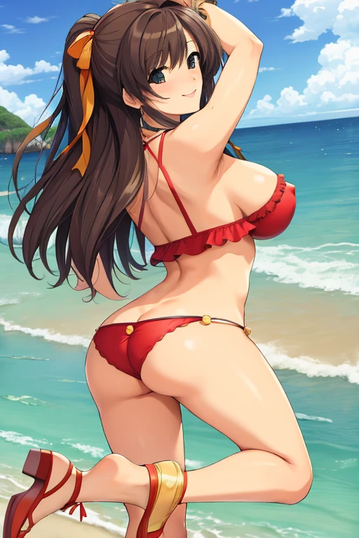 masterpiece, best quality, beautiful art, high resolution, well formed hands, body and fingers, 1 woman, solo, Haruhi suzumiya, grown up, arabian belly dancer, adult, big breasted, cleavage, hair ribbon, full body, sexy and skimpy outfit , gorgeous legs and thighs , dancing seductively and erotically, turning backwards and forwards, showing her back and front, showing her butt, bikini thong, smiling joyfully, looking at the viewer, flirting, beach environment