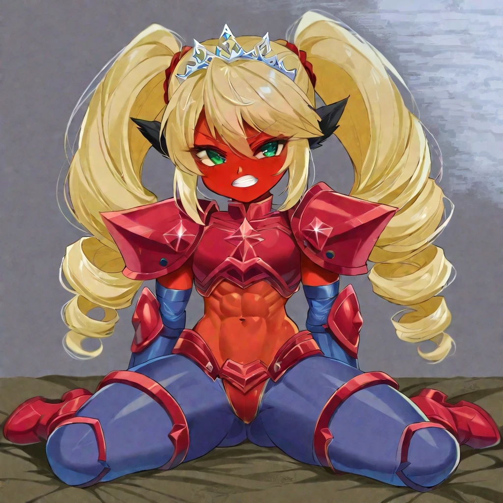  Lancer Artoria body (Alexis Texas Face), elegant adult female, blonde, green eyes (yellow eyelashes) crown, turtleneck, full body sitting on a bench, showing ass to me, RED breastplate, RED skin (1SologirlRED skin:1.2), looking at viewer, shiny, armor, thigh highs, high boots, pauldrons shoulder armor, faulds, poleyn, RED gloves gauntlets, rerebrace, RED military armored boots, yordle muscular lean platinum blonde long twin tails hairstyle at the bedroom lustful smirking smile face red blushed, blush, strong abs, female body builder, tiara, twin drills hair, (masterpiece, best quality, ultra detailed, best shadow)