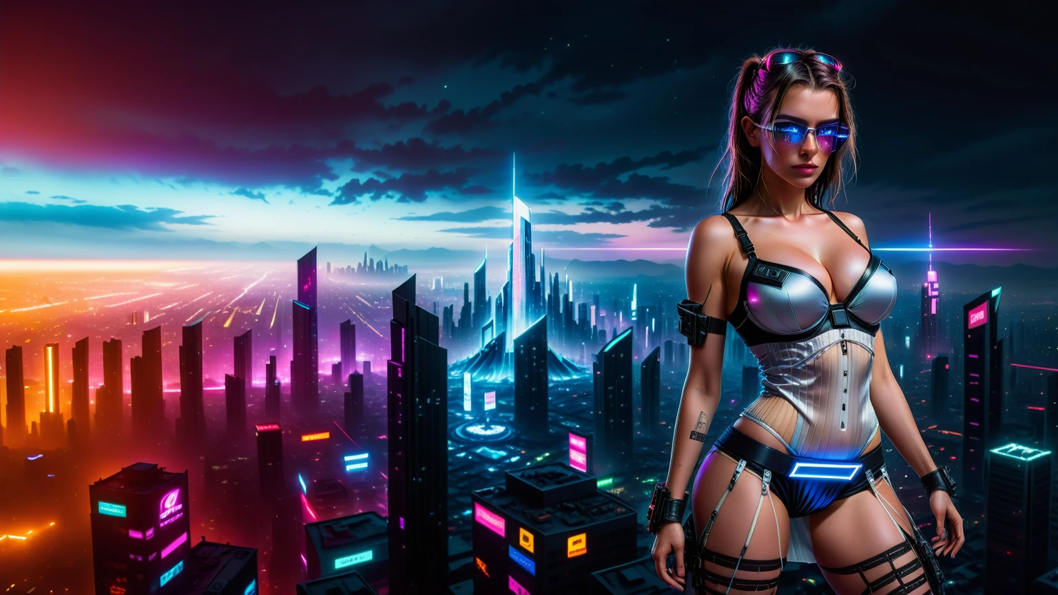 (((aerial view))) image of a cyberpunk cityscape, all-glass towering skyscrapers, a lot of neon lights and holographic billboards, futuristic, high-tech and grunge elements, 1drone. at night, (((1girl, solo))), photo realistic, (large-breast slim body, cleavage), (((full bra top, extreamly short pleated (((miniskirt))) exposing panty))), (((black micro sunglases))), (((((aiming at camera with a (short gun), (looking at camera)))))), (((((half-body (thigh level) medium shot))))), (cinematic lighting).