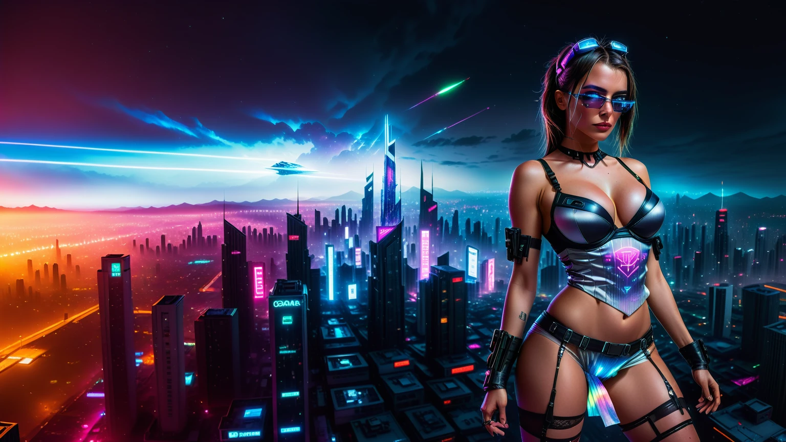 (((aerial view))) image of a cyberpunk cityscape, all-glass towering skyscrapers, a lot of neon lights and holographic billboards, futuristic, high-tech and grunge elements, 1drone. at night, (((1girl, solo))), photo realistic, (large- slim body, cleavafull bra top, extreamly short pleated (((miniskirt))) exposing panty))), (((bmicro sunglases))), (((((aiming at camera with a (short gun), (looking at camera)))))), (((((half-body (thigh level) medium shot))))), (cinematic lighting).