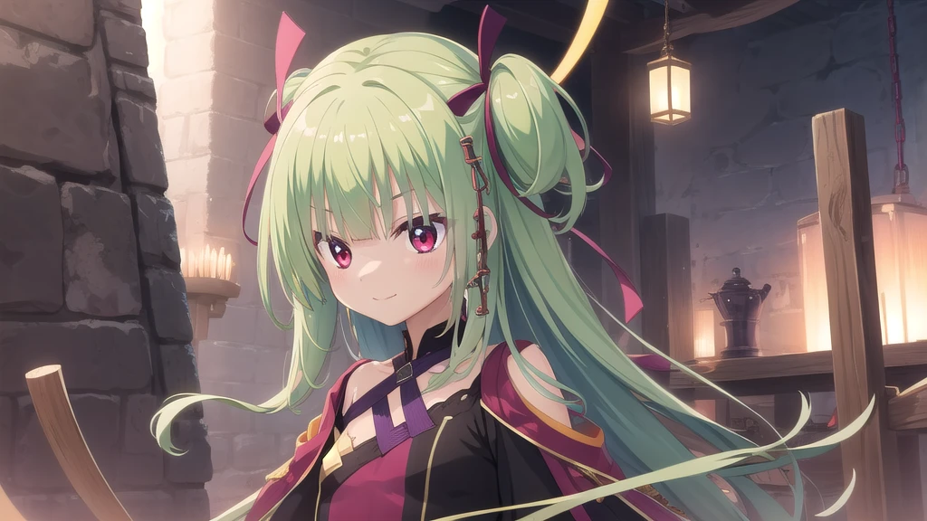 ((masterpiece)),(best quality),Official Art,Extremely detailed CG,Unity 8k Wallpaper,Super detailed,Beautiful and delicate eyes,Extremely detailed face,1 girl,solitary,,(whole body:1.5),(small:1.3),Smile,,Murasame,Very long hair,Green Hair,sides up,Purple bow,hairpin,Side Chain,Bangs,Red Eyes,Neck strap,Red belt,Aesthetic,Landscape Colorful Clothes,The Code of Hammurabi,Carved in black basalt,It is more than 3,700 years old,When only the incomprehensible language and legends of ancient civilizations remain, they become immortal poems,