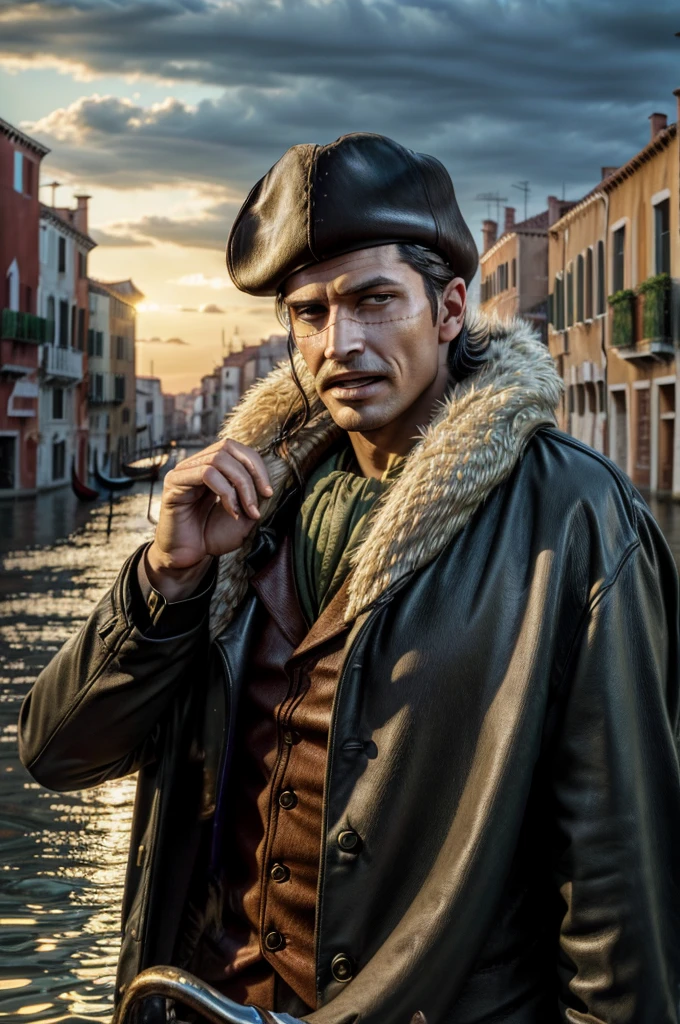 masterpiece, best quality, extremely detailed, hyperrealistic, photorealistic, a cool 40s man, ultra detailed face:1.2, fur-trimmed coat, scarf around the neck, his left hand is a golden pirate hook:1.1, venice, flood, the street is underwater, cloudy sky, dynamic angle, surprised:1.1, open mouth, gritting own teeth