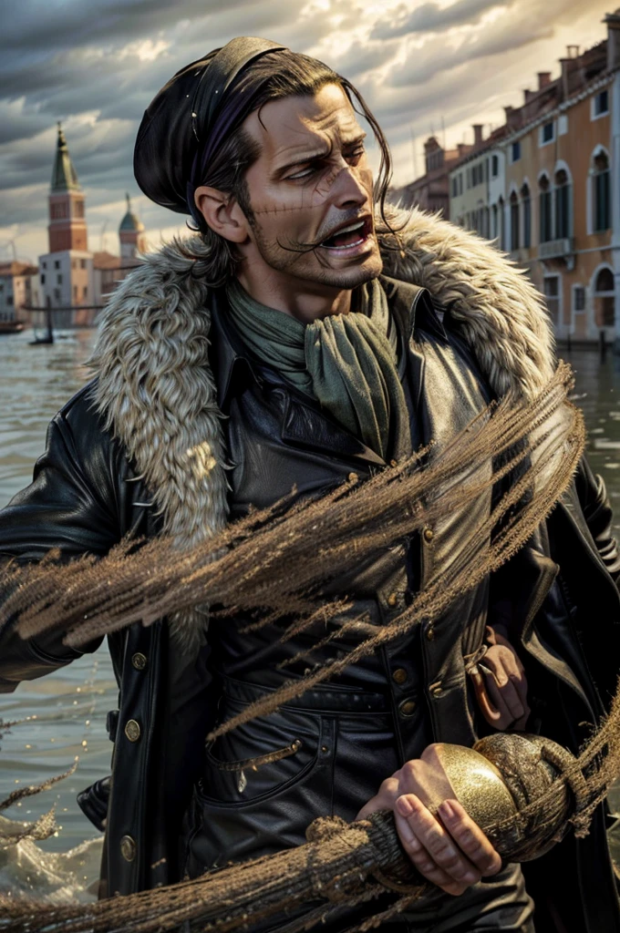 masterpiece, best quality, extremely detailed, hyperrealistic, photorealistic, a cool 40s man, ultra detailed face:1.2, fur-trimmed coat, scarf around the neck, his left hand is a golden pirate hook:1.1, venice, flood, the street is underwater, cloudy sky, dynamic angle, surprised:1.1, open mouth, gritting own teeth