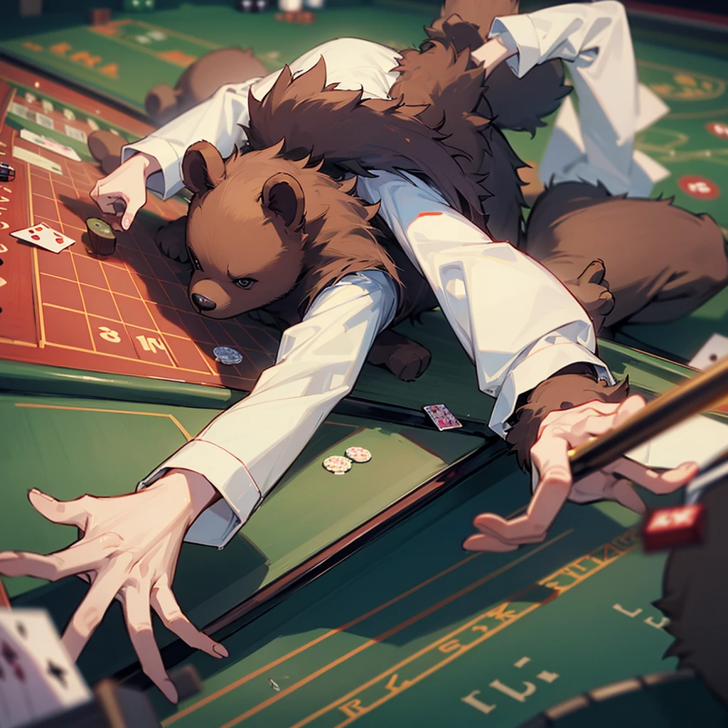 Mad teddy bear playing craps at a casino