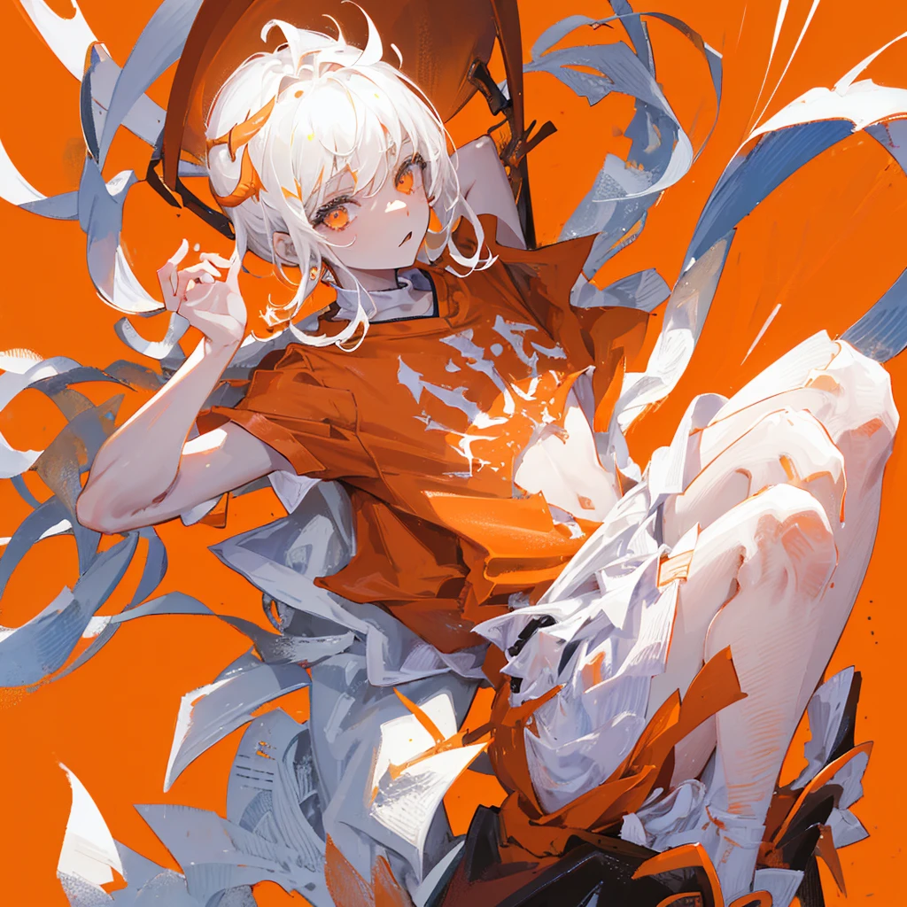 A human devil,juvenile,male,White short hair,Orange clothes,((Solid orange background))