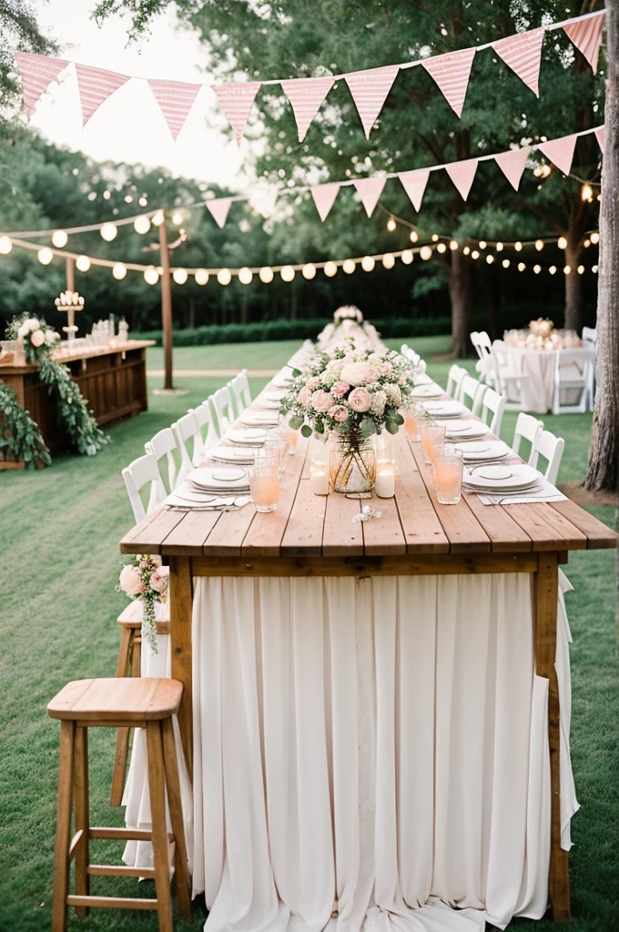 ((best quality)), ((masterpiece)), (detailed),A whimsical outdoor wedding bar with pastel bunting and mason jar cocktails.