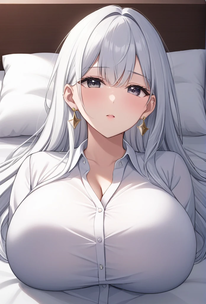 1 Girl, Solitary, Long hair, shirt, white shirt, Bangs, Upper Body, earrings,  jewelry, white hair, Shut up、Lying in bed, earrings,big breasts 