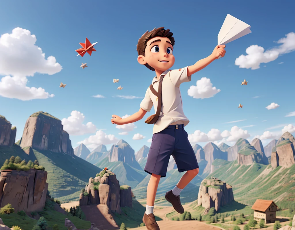 Boy with paper airplane, throwing the paper plane in the air, Cinematic, glad, sprinting, blue sky, mountainscape, High definition.