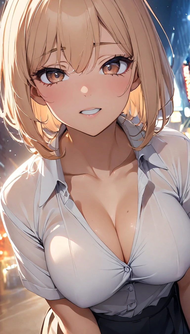 Cinema Lighting、Highest quality、Residential area at night、20-year-old、Large Breasts、Pink nipples、(Kitagawa.Marine)、orgasm、Embarrassed、Upper Body、My chest is bouncing up and down violently、Breast shaking、Breast shaking、、(Angle from directly below:1.5)、
