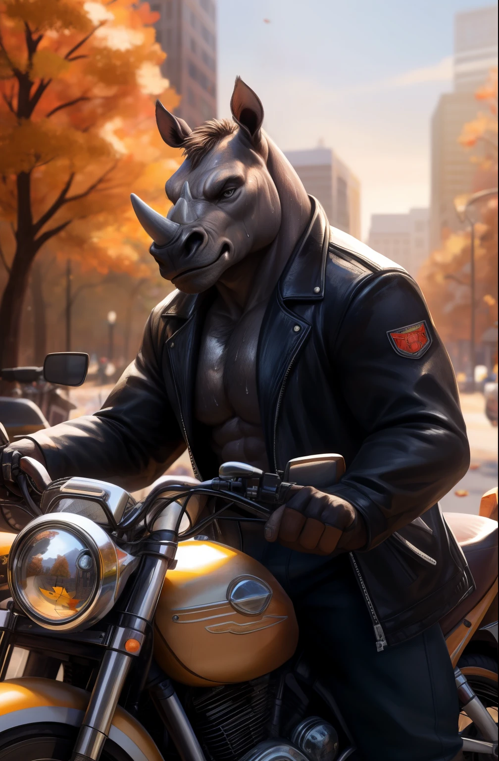 A rhinoceros riding a motorcycle, Rhinoceros, furry chest, fluffy chest, commission for high res, anthropomorphic, extra detailed body, detailed body, Best quality, masterpiece, ultra high res,detailed background,realistic, real shadow and light,depth of field, (looking at viewer), details skin, angry face, Sexybody, Sixpack, autumn, sweat, sweat body, black jacket, sneakers. side view