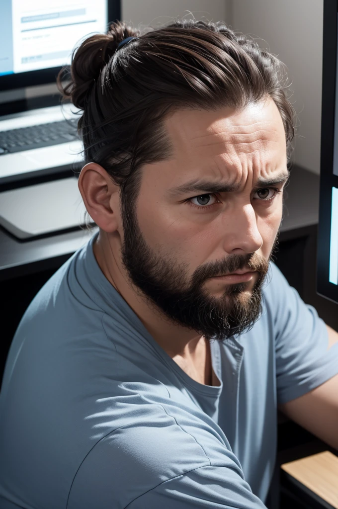 40-year-old guy with side-to-side hair up to his ears, sad looking at the computer