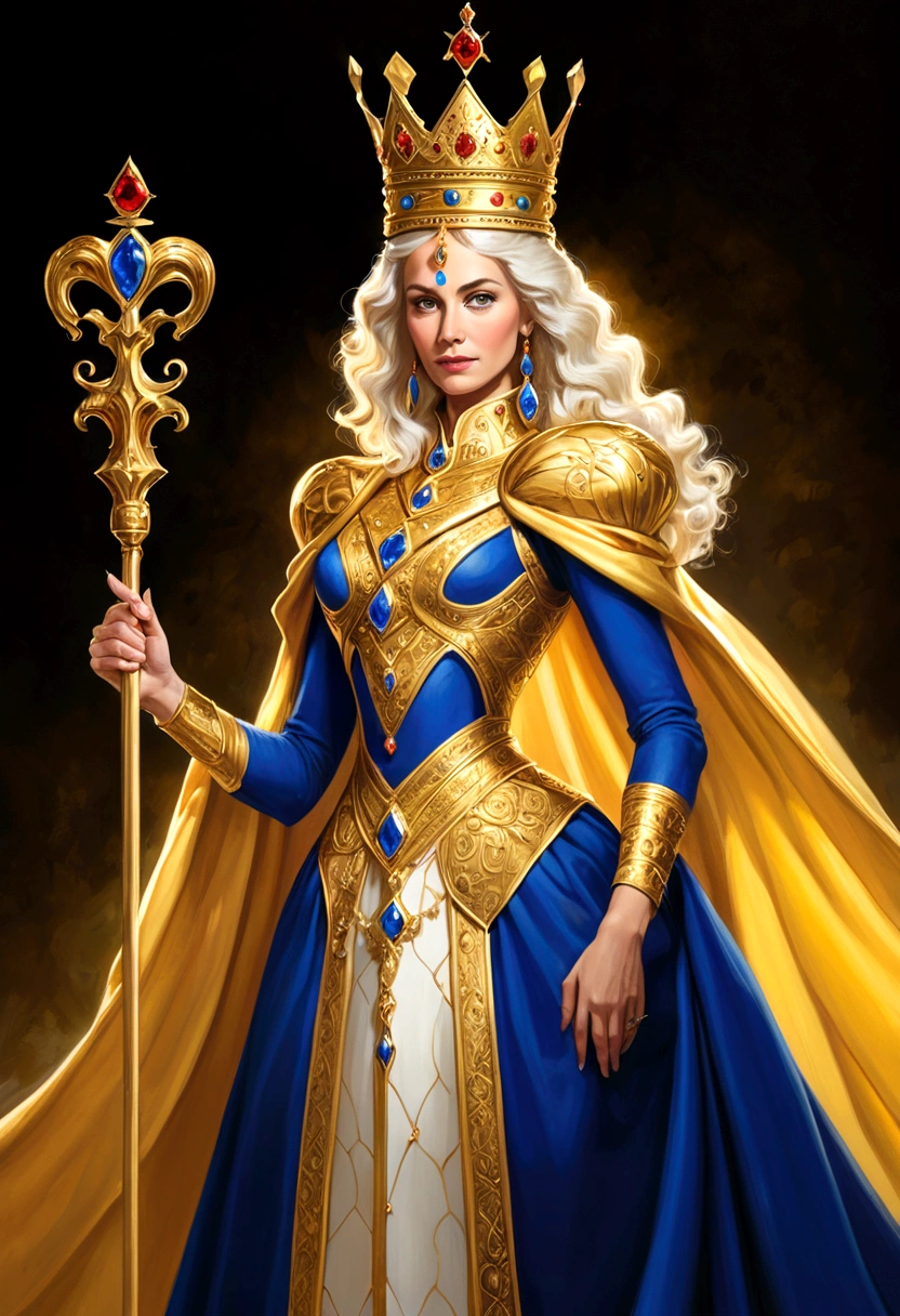 A painting,Queen,Golden crown,Holding a scepter,