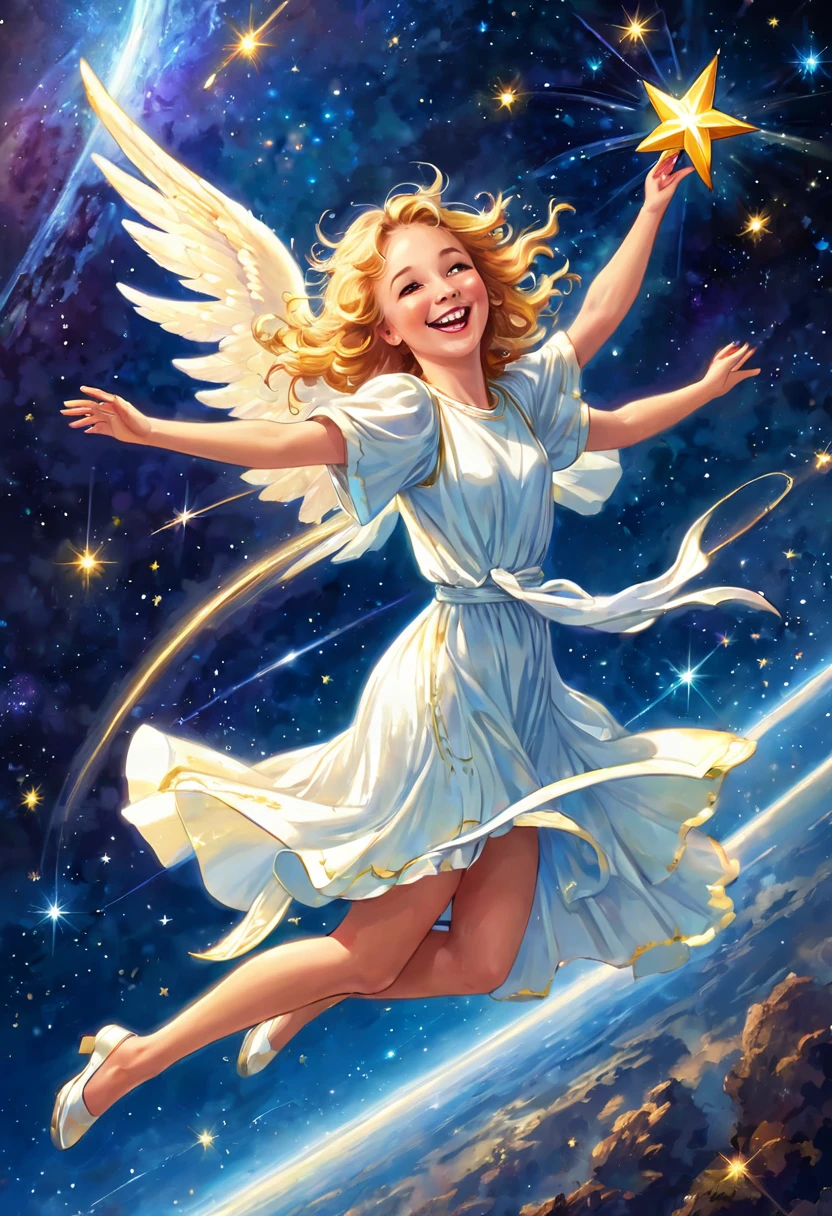 Smiling angel catching a shooting star, laughter, joy, dance, space, happiness, planet, earth, enchantment, magical light