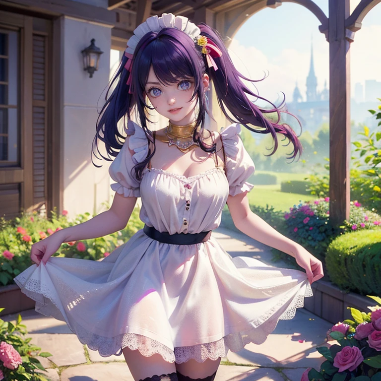 1girl, Ai Hoshino_(Oshi no Ko), centered girl, perfectly body, perfectly hands, solo, jewelry, lavender, rabbit jewel on her hair, ornament hair, twintails, rabbit jewel on her hair, purple hair, long hair, long flowing hair, floating hair, ornament hair, perfectly body, perfectly hands, garden scenery, magenta rose on hair, Looking at the audience, flowing hair, Beautiful Eyes, Plump and glossy lips, maid, maid dress, maid headdress, maid apron, white apron, dress with too many frills, white dress, magenta laces, white Short skirt, small skirt, skirt with layers, Drape clothes, magenta gem, Lace trim, bright stage in the garden, luxury gold details, gold jewelry, more details, best quality, Big sparkling eyes, blushing, black Striped Lace Stockings, white Lolita skirt, sparkle, solo, centered girl, cowboy shot, lace garter, perfectly body, perfectly hands, two arms, two legs, two hands, five fingers, perfect anatomy, glowing hair, magenta roses, in garden, sparkles, more details on her clothes, dress with transparency, magenta details on her dress, night ((4k, masterpiece, top-quality)), 8k, best quality, high resolution, UHD, (illustration:0.8), super cute girl, delicate and beautiful face, mature girl, super cute hairstyle, (beautiful detailed eyes:1.6), extremely detailed face, perfect lighting, extremely detailed CG, (perfect hands, perfect anatomy), Best quality, cleavage