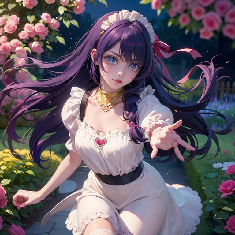 1girl, Ai Hoshino_(Oshi no Ko), centered girl, perfectly body, perfectly hands, solo, jewelry, lavender, rabbit jewel on her hair, ornament hair, twintails, rabbit jewel on her hair, purple hair, long hair, long flowing hair, floating hair, ornament hair, perfectly body, perfectly hands, garden scenery, magenta rose on hair, Looking at the audience, flowing hair, Beautiful Eyes, Plump and glossy lips, maid, maid dress, maid headdress, maid apron, white apron, dress with too many frills, white dress, magenta laces, white Short skirt, small skirt, skirt with layers, Drape clothes, magenta gem, Lace trim, bright stage in the garden, luxury gold details, gold jewelry, more details, best quality, Big sparkling eyes, blushing, black Striped Lace Stockings, white Lolita skirt, sparkle, solo, centered girl, cowboy shot, lace garter, perfectly body, perfectly hands, two arms, two legs, two hands, five fingers, perfect anatomy, glowing hair, magenta roses, in garden, sparkles, more details on her clothes, dress with transparency, magenta details on her dress, night ((4k, masterpiece, top-quality)), 8k, best quality, high resolution, UHD, (illustration:0.8), super cute girl, delicate and beautiful face, mature girl, super cute hairstyle, (beautiful detailed eyes:1.6), extremely detailed face, perfect lighting, extremely detailed CG, (perfect hands, perfect anatomy), Best quality, cleavage