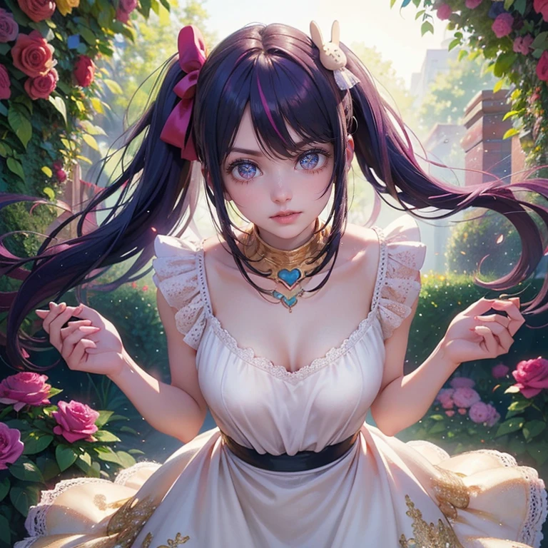 1girl, Ai Hoshino_(Oshi no Ko), centered girl, perfectly body, perfectly hands, solo, jewelry, lavender, rabbit jewel on her hair, ornament hair, twintails, rabbit jewel on her hair, purple hair, long hair, long flowing hair, floating hair, ornament hair, perfectly body, perfectly hands, garden scenery, magenta rose on hair, Looking at the audience, flowing hair, Beautiful Eyes, Plump and glossy lips, maid, maid dress, maid headdress, maid apron, white apron, dress with too many frills, white dress, magenta laces, white Short skirt, small skirt, skirt with layers, Drape clothes, magenta gem, Lace trim, bright stage in the garden, luxury gold details, gold jewelry, more details, best quality, Big sparkling eyes, blushing, black Striped Lace Stockings, white Lolita skirt, sparkle, solo, centered girl, cowboy shot, lace garter, perfectly body, perfectly hands, two arms, two legs, two hands, five fingers, perfect anatomy, glowing hair, magenta roses, in garden, sparkles, more details on her clothes, dress with transparency, magenta details on her dress, night ((4k, masterpiece, top-quality)), 8k, best quality, high resolution, UHD, (illustration:0.8), super cute girl, delicate and beautiful face, mature girl, super cute hairstyle, (beautiful detailed eyes:1.6), extremely detailed face, perfect lighting, extremely detailed CG, (perfect hands, perfect anatomy), Best quality, cleavage