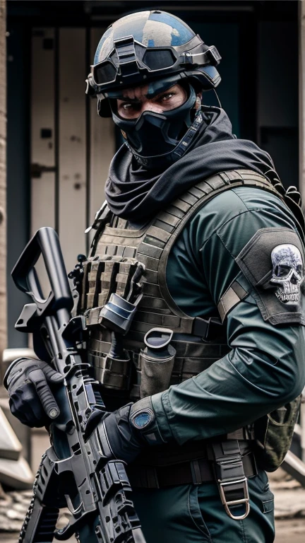 man strong, soldier. Special forces, skull mask, dark blue helmet and armor, light blue uniform, army, holding gun, The Death Squad.