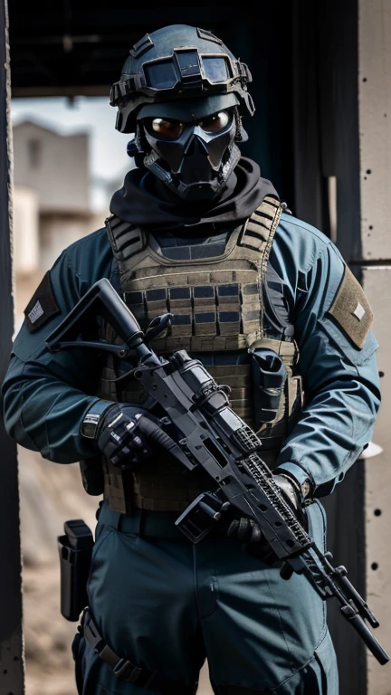 man strong, soldier. Special forces, skull mask, dark blue helmet and armor, light blue uniform, army, holding gun, The Death Squad.