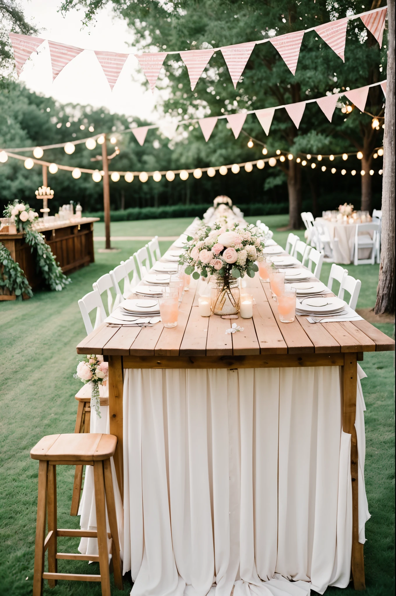 ((best quality)), ((masterpiece)), (detailed),A whimsical outdoor wedding bar with pastel bunting and mason jar cocktails.