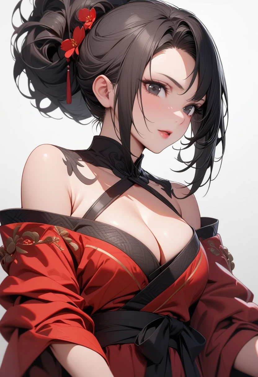 Mature big sister，Black long hair，Hair up，Red Hanfu，Showing cleavage，Show your shoulders，Beautiful black eyes，Extremely detailed，high resolution，Simple background