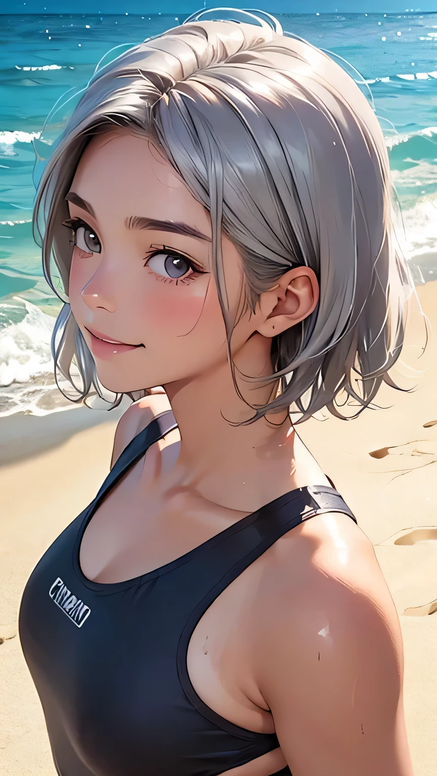 highest quality、Realistic、zoom、Chestnut Hair、Gray Eyes、Short Hair、Silver Hair、One piece swimsuit、Sunburned、Tan、Brown Skin、Sweat、smile、、Ocean、Plump、Back view