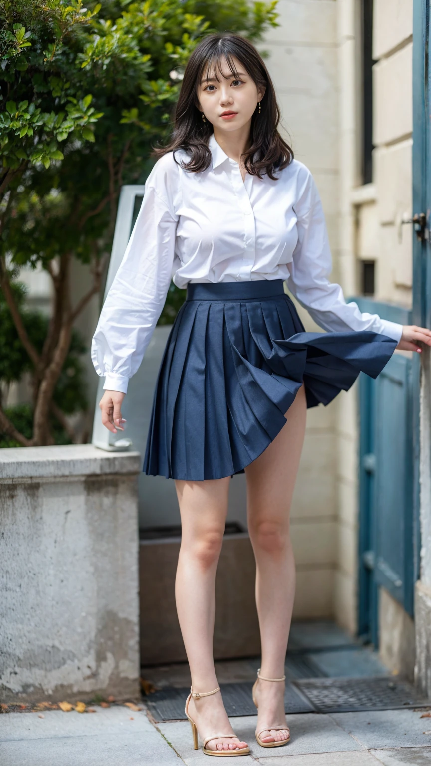 (((A strong wind blows up her hair and skirt:1.62)))、((Viewing angle from below、Highest quality、masterpiece、32k、Every detail))、Descend the outdoor stairs、commute、Systemic symptoms、Traditional navy blue sailor uniform、White blouse、(((Mini Pleated Skirt, No underwear:1.22)))、(( I always wear the strap of my bag across my body..:1.22))、One Girl, alone、((((Big Breasts:1.44、barefoot, High heels))))