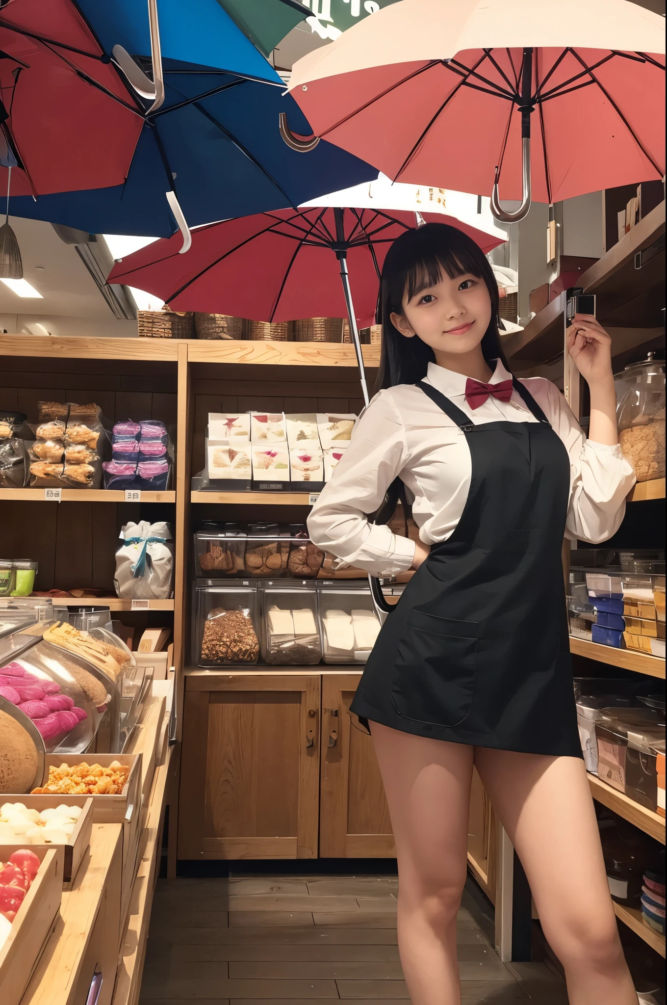 A 20-year-old girl working in a store with lots of cute umbrellas lined up(Wearing a miniskirt and apron)