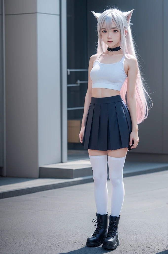 Single boy, Anime Femboy, 小柄, long  white hair, wolf's ears, wolf tail, blue colored eyes, wearing beautiful pink skirt, high socks, black combat boots, flat-chested, super flat-chested, standing alone femboy, just a femboy ((flat-chested)), Broad Hips, thick-thighs, glad, Groin bulge (Groin bulge), leggings de ioga, usando moletom preto 小柄, standing alone, standing alone