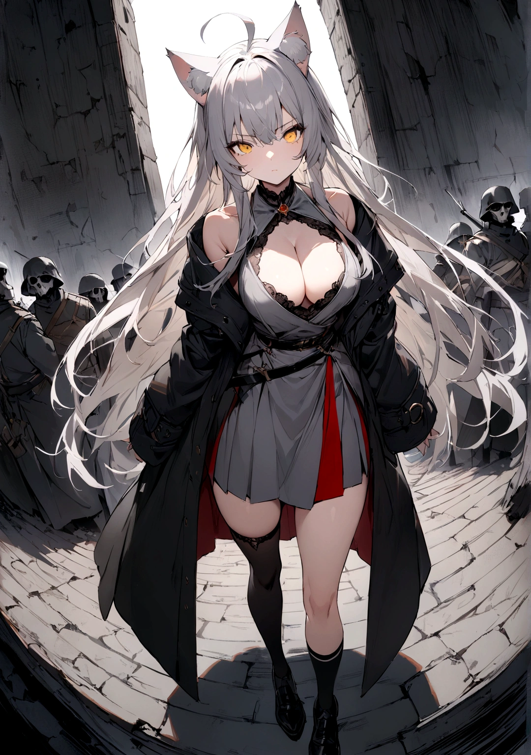 German flag in the background、Dynamic Angles、Raising the German flag、Suspicious Gathering、Surrounded by enemies、(masterpiece, best quality:1.2), 1girl, 独奏、Gray cat ears、Grey long hair、Ahoge、Yellow Eyes、Gray cat ears、Background of military bases、Fisheye Lens、battlefield、Shadows of light and darkness、Expressionless、Grim face、battle、Black knee socks、Cleavage、