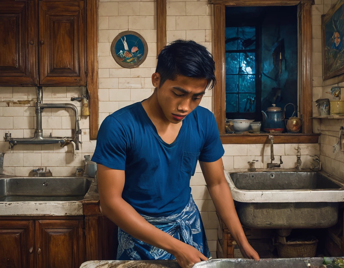 A young Indonesian male student wearing a regular blue t-shirt with a sarong, around 24 years old, is washing dishes in the kitchen of an old Dutch colonial style house. late at night He wore simple clothes, focused on washing dishes in an antique sink. The kitchen has old wooden cupboards, dim lighting and an eerie atmosphere. Images should be detailed and realistic, capturing slightly scary and tense moments. (hyper-realistic, cinematic, detailed, hypermaximalist, octane rendering, unreal engine 5.8K)