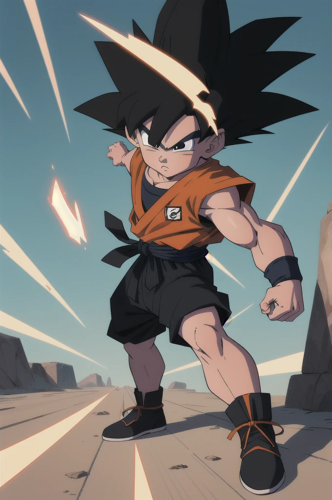Manga style, illustration, line art style, high quality, manga masterpiece, highres, very detailed, digital illustration, small ??? Goku, Dragonball, black hair, spiked hair, real goku clothes orange color, black belt and black shoes, dougi, solo male , outdoors,fighting,