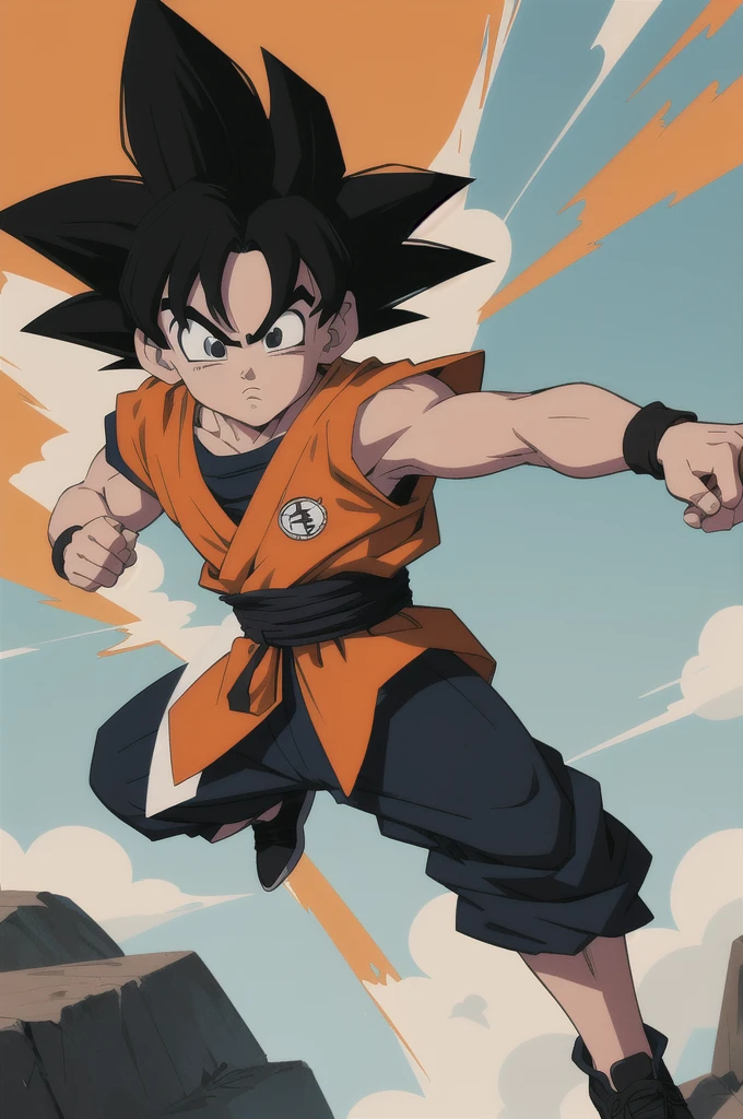 Manga style, illustration, line art style, high quality, manga masterpiece, highres, very detailed, digital illustration, small Kid Goku, Dragonball, black hair, spiked hair, real goku clothes orange color, black belt and black shoes, dougi, solo male , outdoors,fighting,