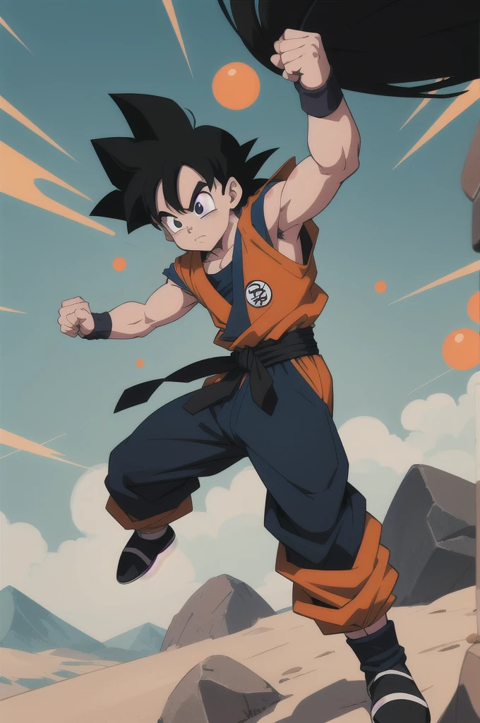Manga style, illustration, line art style, high quality, manga masterpiece, highres, very detailed, digital illustration, small Kid Goku, Dragonball, black hair, spiked hair, real goku clothes orange color, black belt and black shoes, dougi, solo male , outdoors,fighting,