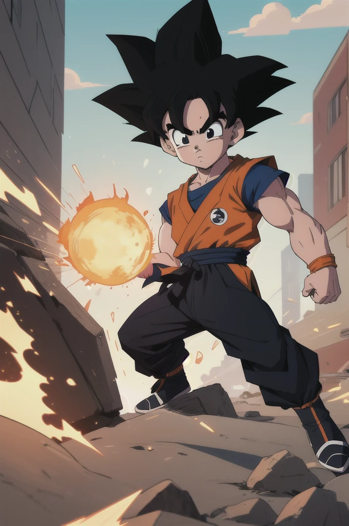 Manga style, illustration, line art style, high quality, manga masterpiece, highres, very detailed, digital illustration, small Kid Goku, Dragonball, black hair, spiked hair, real goku clothes orange color, black belt and black shoes, dougi, solo male , outdoors,fighting,