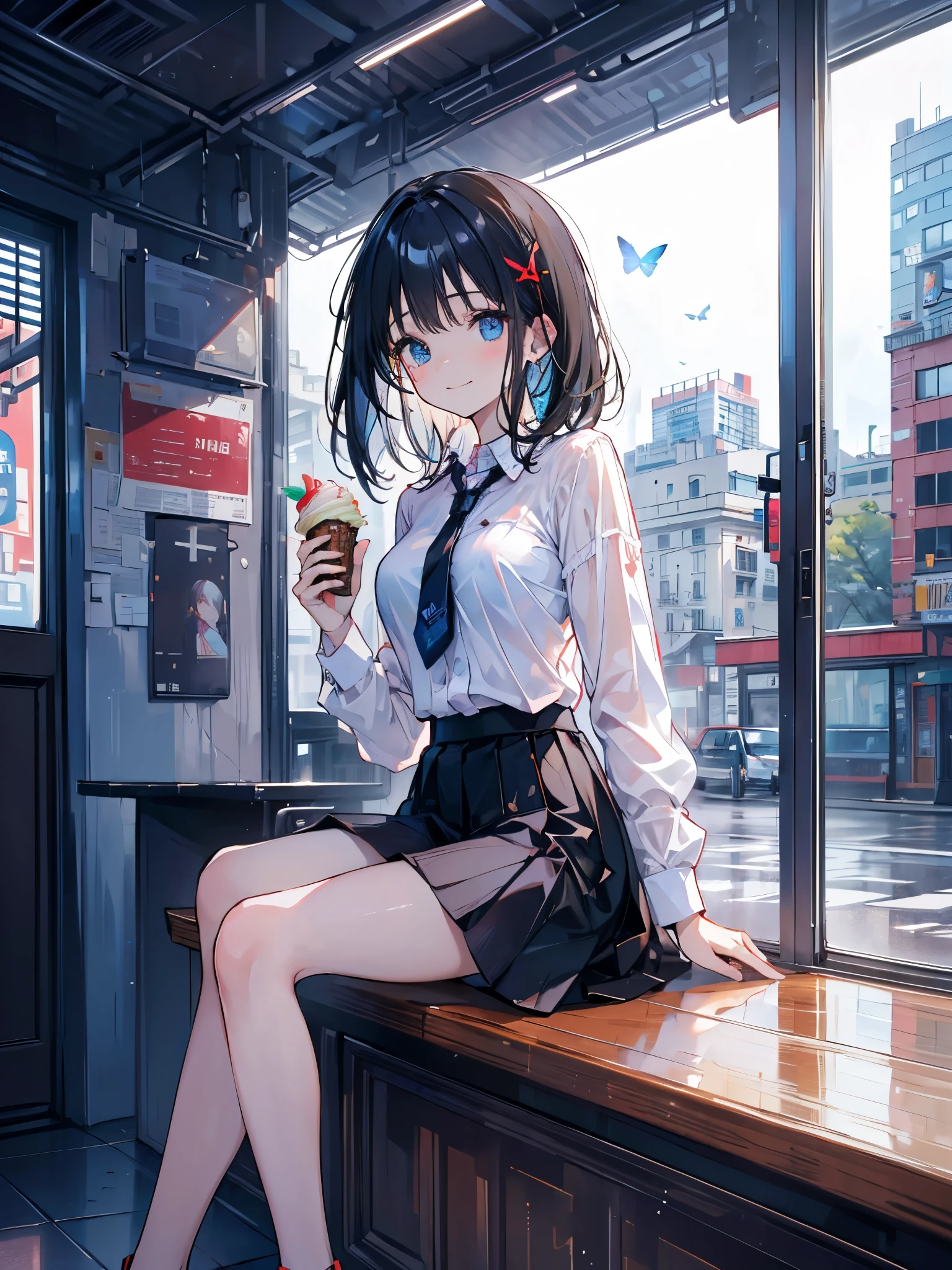 (8K, CRU photo, best qualityer, work of art: 1.2), (realisitic, photo-realisitic: 1.37), ultra detali, 1 girl, cute, standing alone, beautiful detailed sky, Detailed coffee, natta, sitting down, (Nose Red), (ssmile: 1.1), (cloused mouth), medium breasts, beautiful detailed eyes, (collar shirt: 1.1), butterfly necktie, pleatedskirt, (shorth hair: 1.2), long hair, eating a big ice cream,