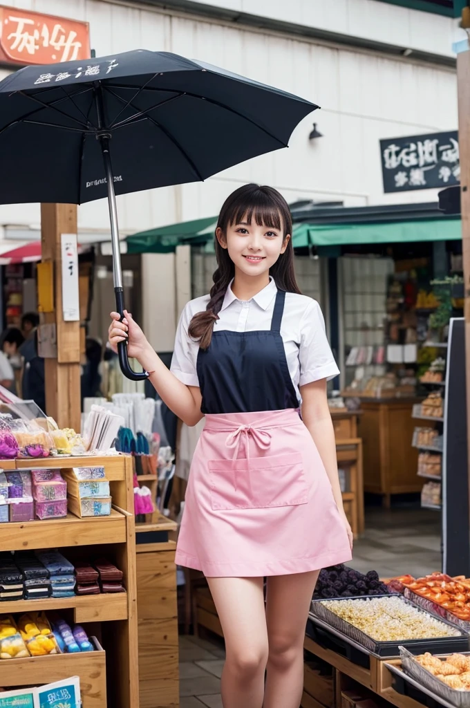 A 20-year-old girl working in a store with lots of cute umbrellas lined up(Wearing a miniskirt and apron)
