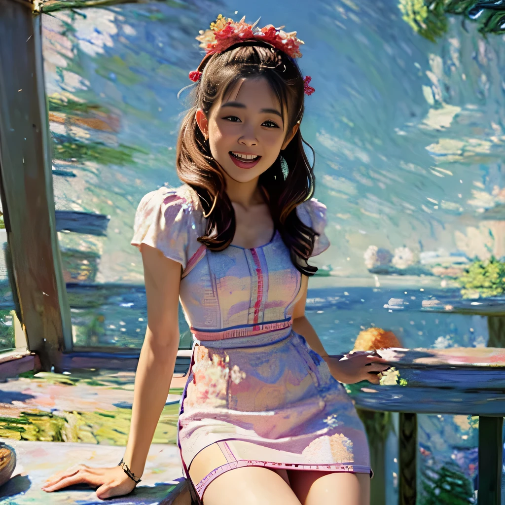 best quality, ultra-detailed, realistic, 1girl, mini dress, (laugh:1.3), (claude monet:1.5)