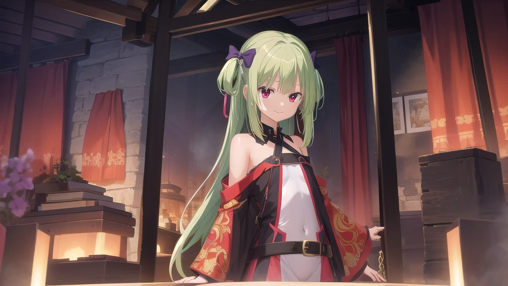 ((masterpiece)),(best quality),Official Art,Extremely detailed CG,Unity 8k Wallpaper,Super detailed,Beautiful and delicate eyes,Extremely detailed face,1 girl,solitary,,(whole body:1.5),(small:1.3),Smile,,Murasame,Very long hair,Green Hair,sides up,Purple bow,hairpin,Side Chain,Bangs,Red Eyes,Neck strap,Red belt,Aesthetic,Landscape Colorful Clothes,The Code of Hammurabi,Carved in black basalt,It is more than 3,700 years old,When only the incomprehensible language and legends of ancient civilizations remain, they become immortal poems,