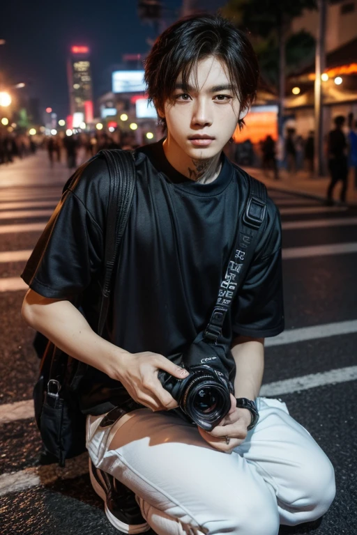 asian man sitting on the ground in front of a building, wideangle portrait, wide angle dynamic portrait, anime style mixed with fujifilm, wide - angle portrait, fisheye portrait, night fision, sitting in monas jakarta,(( holding a nicon camera )),(( holding a nicon camera )),(( holding a nicon camera )),(( nicon camera in hand )), indonesian streetwear, in the streets of jakarta, portrait of a indonesia teen, wearing indonesian techwear, wide angle + masterpiece, jakarta looks like jungkook with a beautiful short mullet hair, tatoo