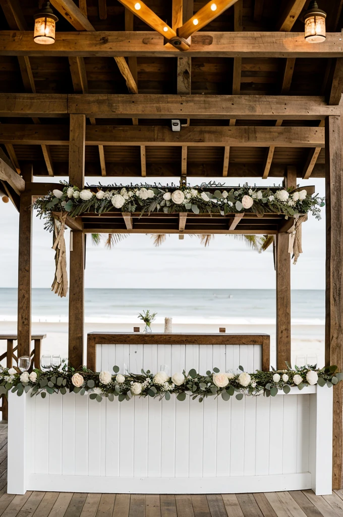 ((best quality)), ((masterpiece)), (detailed),A beachside wedding bar with driftwood accents and seashell decor.
