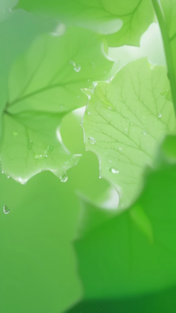 This is a close-up of a leaf，There are water drops on it, translucent leaves, Green Leaf, Big Leaves, Green Leaf, Another close-up of Iwakura, Green backlit leaves, Green Leaf, backlight Green Leaf, vibrant colorful Green Leaf, highly detailed Green Leaf, Green tint, Natural background, Big Leaves, foliage in foreground，Clear texture，HD picture。