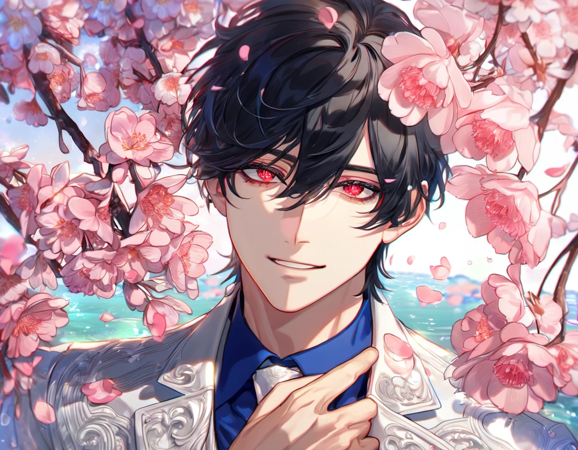 absurdres, highres, ultra detailed, HDR, master piece, best quality, Cadis Etrama Di Raizel, black hair, hair between the eyes, expressive red eyes, Noblesse, solo, sexy man, handsome, handsome smile, white jacket, blue shirt, white necktie, fantasy, shining, water, pink flowers, blossoms, magical, pink petals