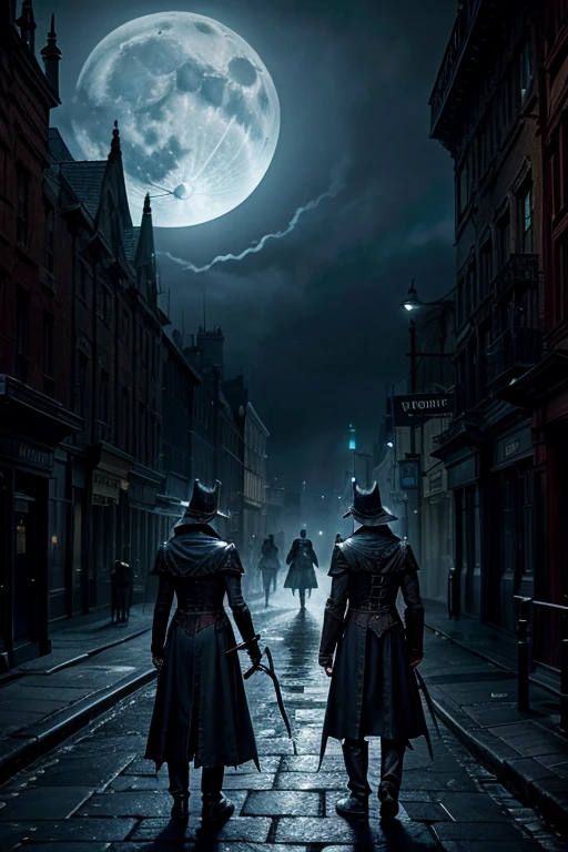 A stormy and dark setting in a Gothic Victorian era city with fog in the streets with two bloodborne hunters next to each other in the background in the streets with monsters around,with a luminous light blue moon written Bloodborne: Dead by Blood with red blood dripping from the letters